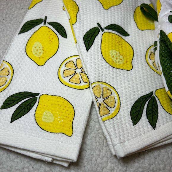 KitchenAid Lemon Kitchen Linen Set 4 Pieces (2 Towels 2 Mitts) NWT - Picture 2 of 7
